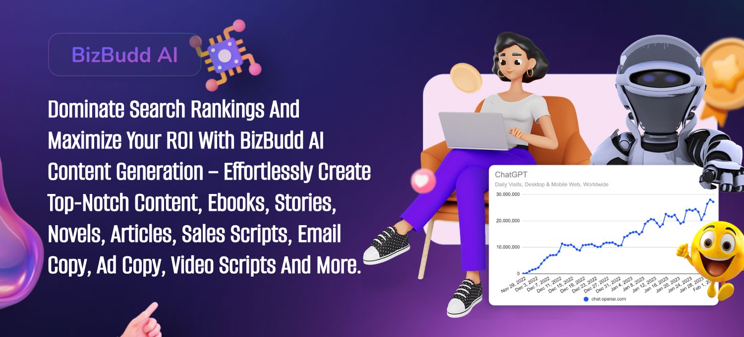 Dominate Search Rankings and Maximize Your ROI with BizBudd AI Content Generation – Effortlessly create top-notch content, ebooks, stories, novels, articles, sales scripts, email copy, Ad Copy, video scripts and more.